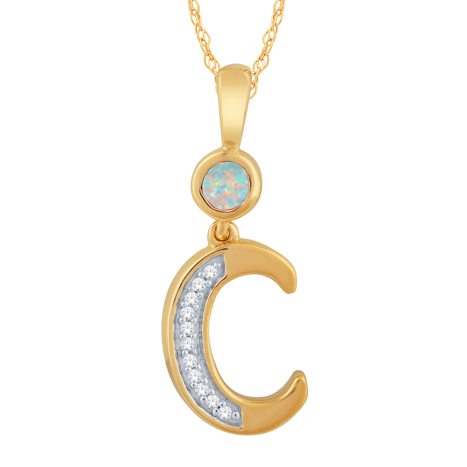 Gold Over Silver Created Opal & Created White Sapphire Alphabet C Pendant