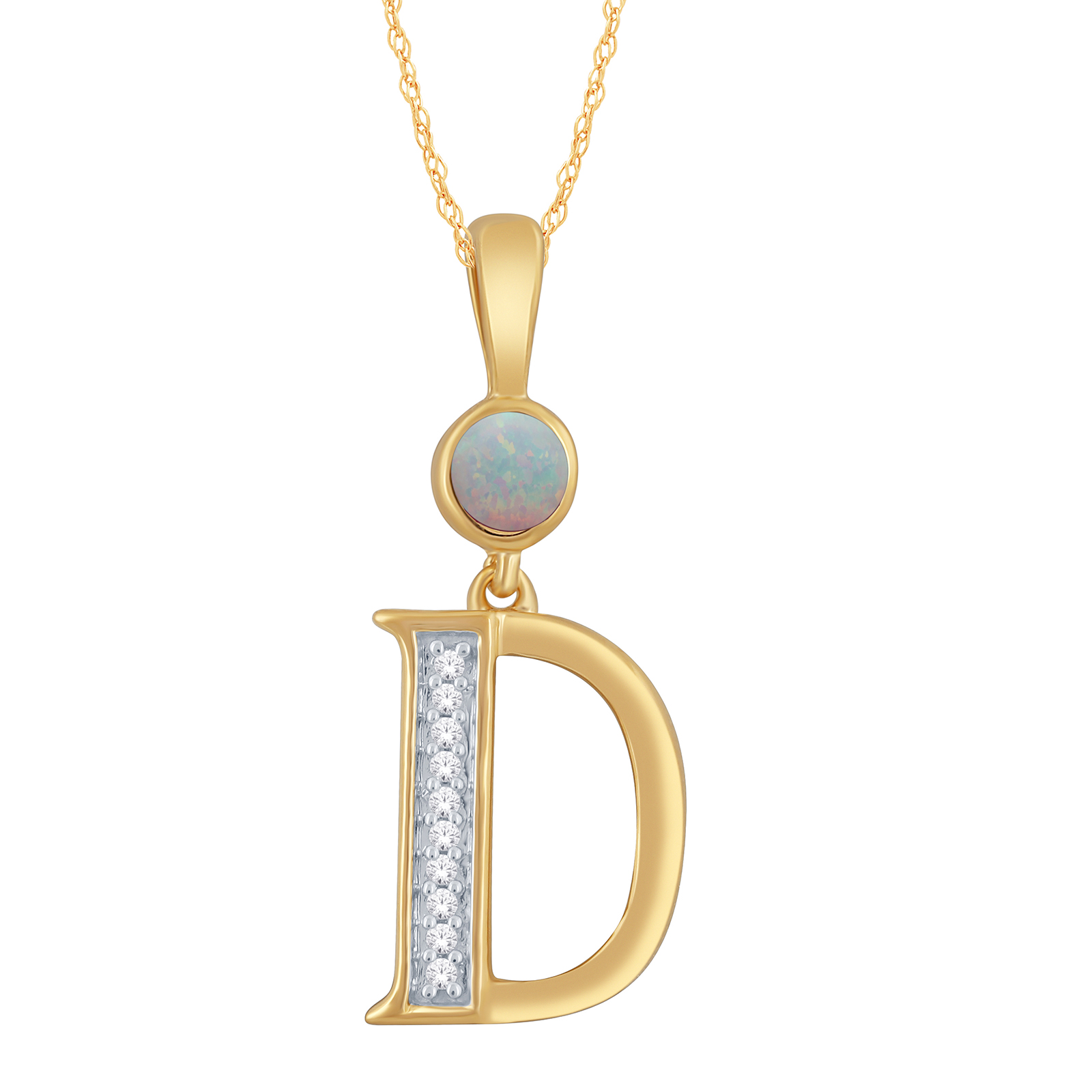 Gold Over Silver Created Opal & Created White Sapphire Alphabet D Pendant