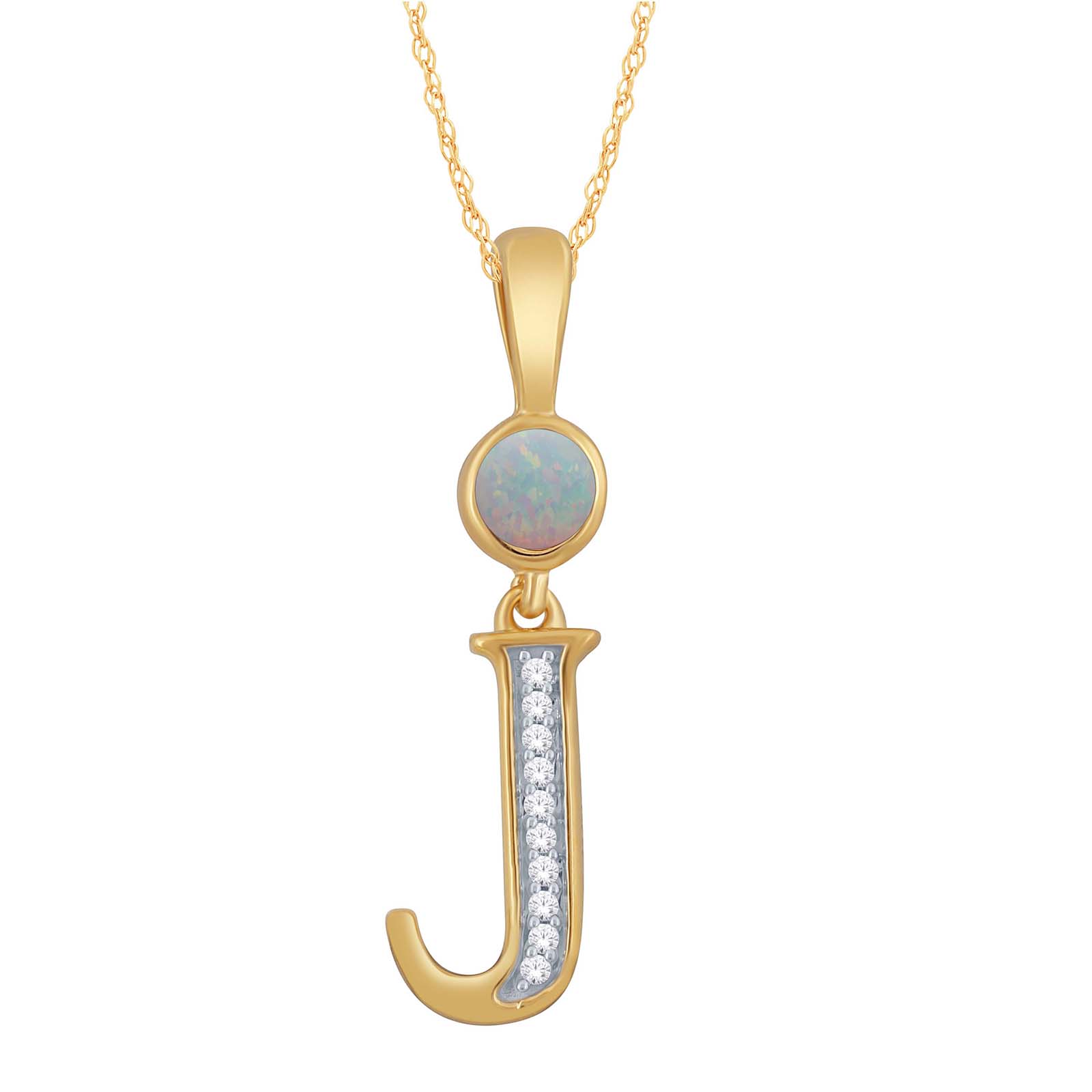 Gold Over Silver Created Opal & Created White Sapphire Alphabet J Pendant
