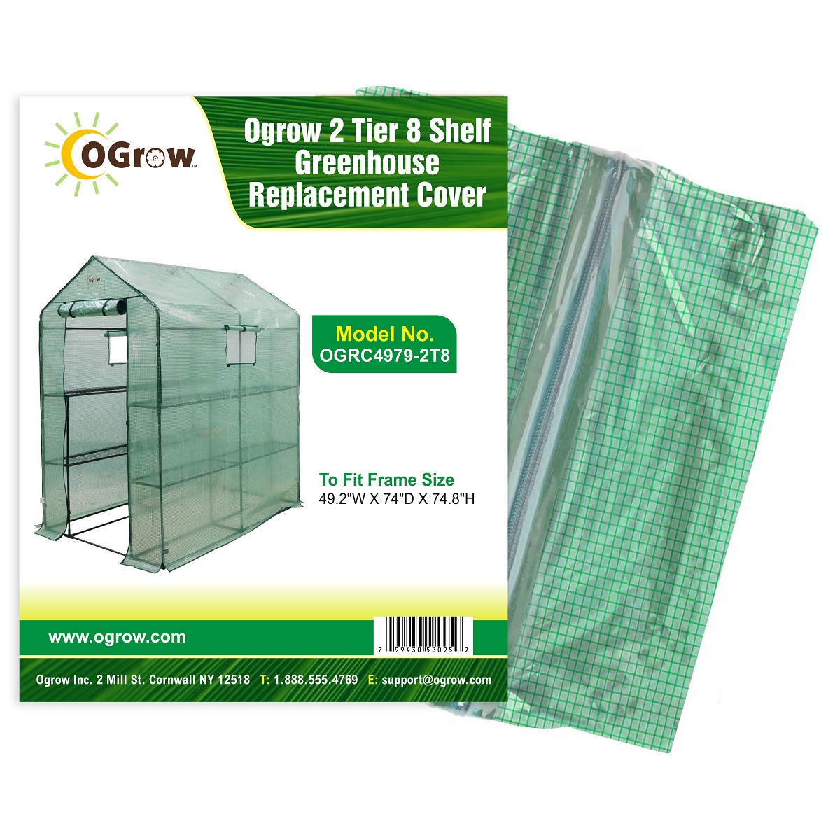 oGrow OGRC4979-2T8 2 Tier 8 Shelf Greenhouse PE Replacement Cover - To Fit Frame Size 49.2"W X 74"D X 74.8"H