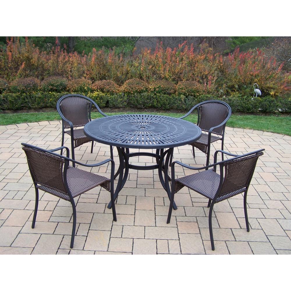 Oakland Living 5 Pc. Patio Dining set w/ 48" Table & Wicker woven Stackable Chairs