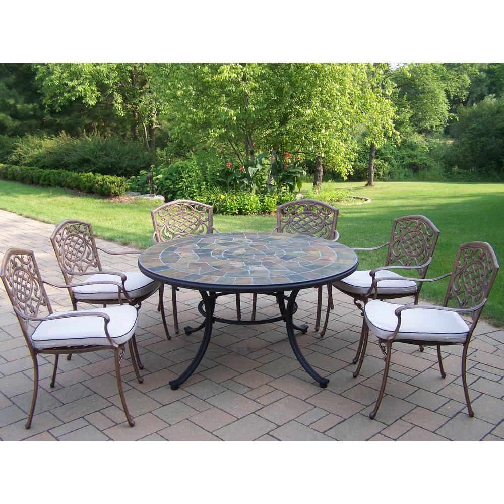 Oakland Living 7 Pc. Patio Dining set w/ 54" Stone topped table and Cushioned Cast Aluminum Stackable Chairs