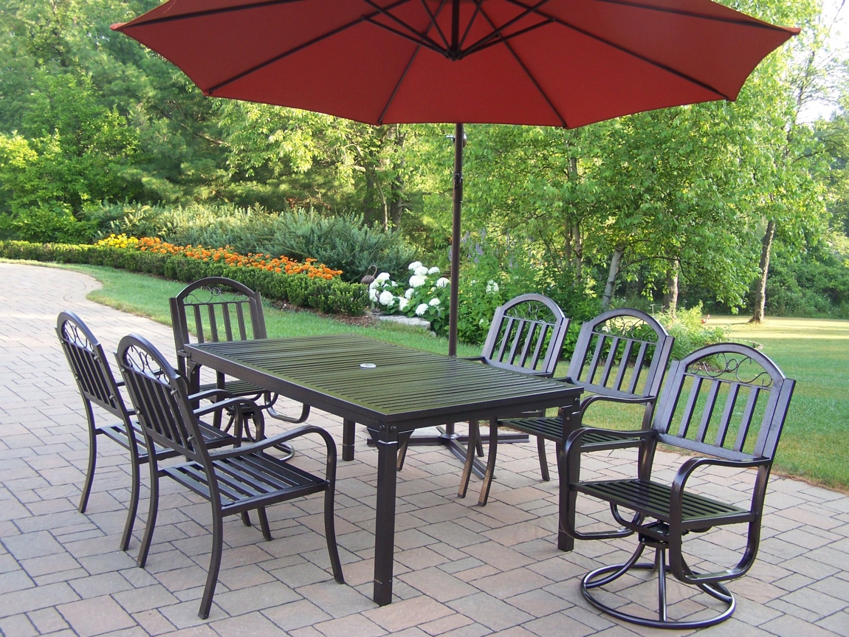 Oakland Living 8 Pc. Patio Dining Set w/ 67x40" Table, Arm Chairs, Swivel Chairs, Cantilever Umbrella & Base