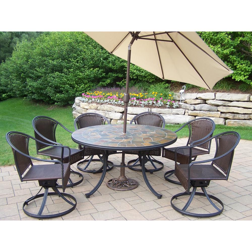 Oakland Living 9 Pc. Patio Dining set w/ 54" Stone Topped table, Wicker Swivel Chairs, Umbrella & Stand
