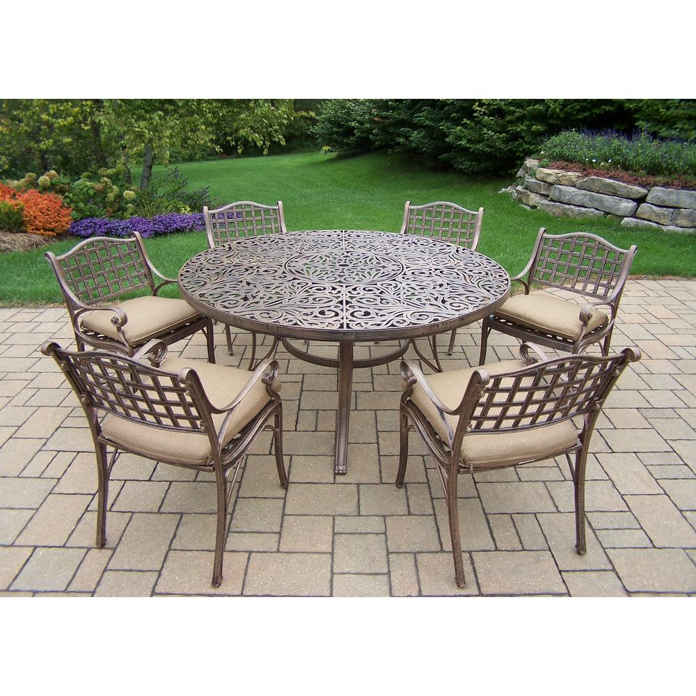 Oakland Living Aluminum 7 pc Patio Dining set w/ 60" Round Interchangeable Table & Cushioned Arm Chairs