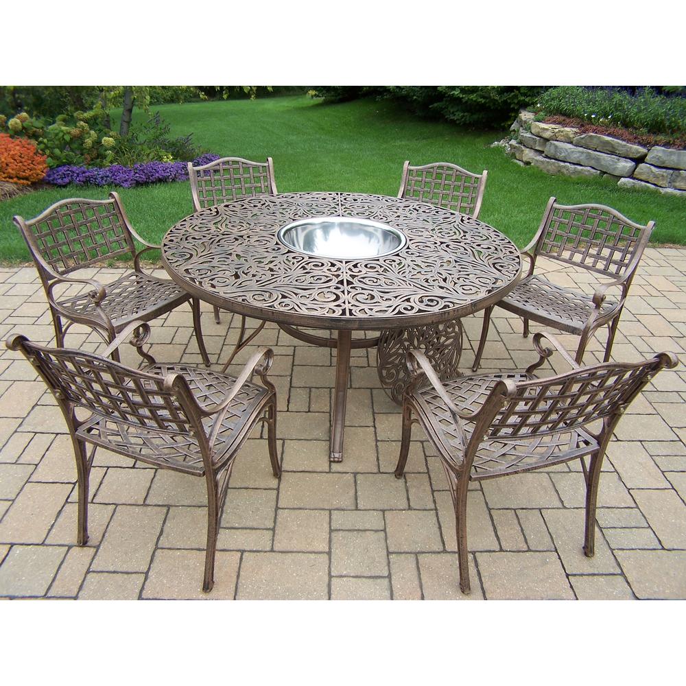 Oakland Living Aluminum 8 pc. Patio Dining set w/ 60" Round Interchangeable Table, Arm Chairs & Ice Bucket