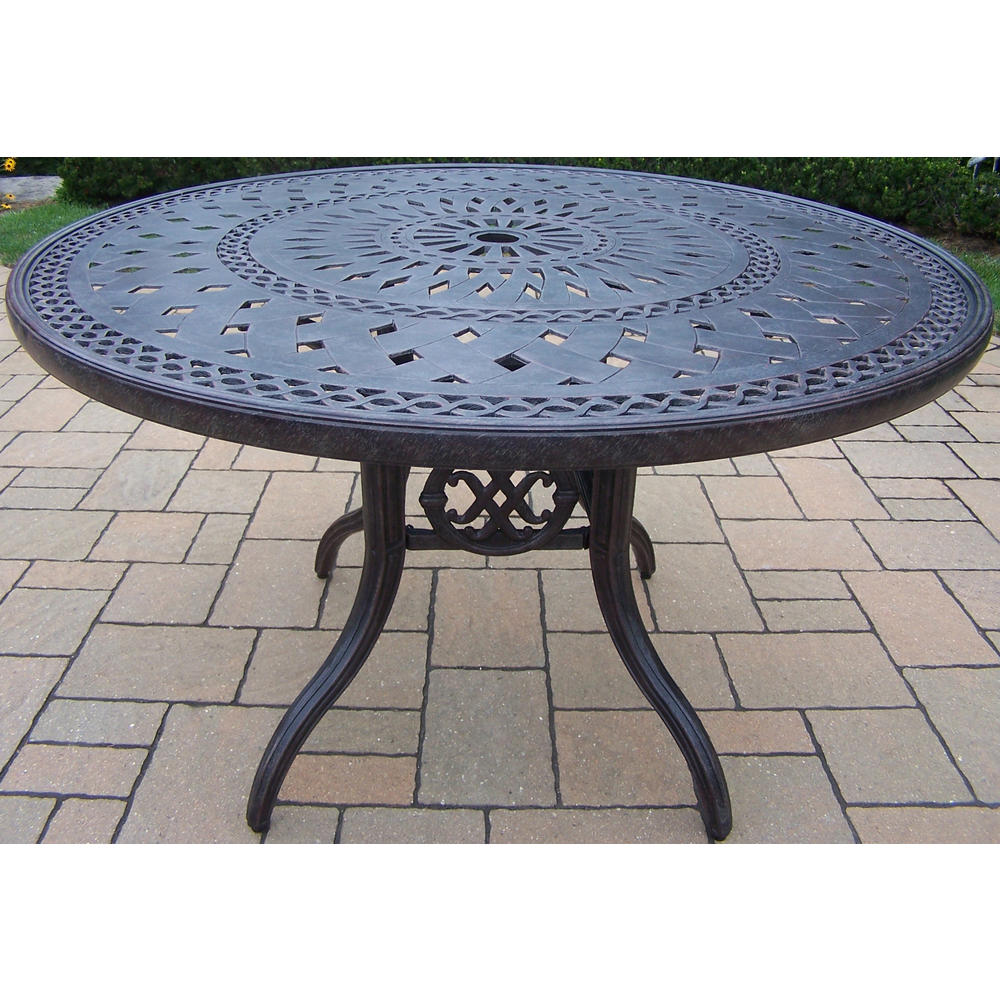 Oakland Living Aluminum Dining Patio Set includes 46" Round Table, Chairs, Swivel Rockers & Spun polyester Cushions