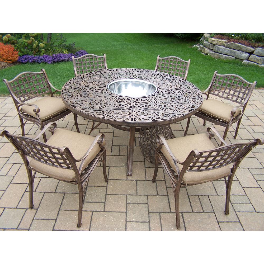 Oakland Living Aluminum Patio Dining set 60" Interchangeable Table, Cushioned Arm Chairs, & Ice Bucket