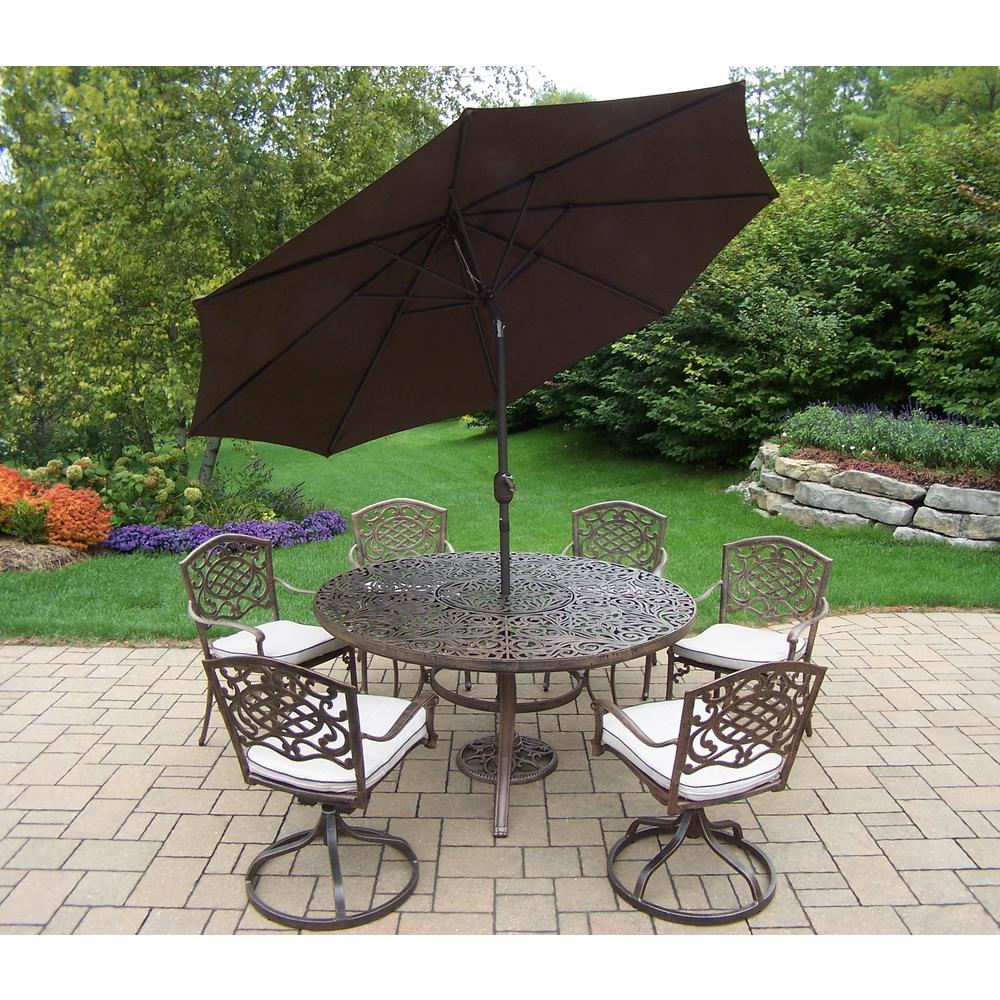 Oakland Living Aluminum Patio Dining set 60" Interchangeable Table, Cushioned Chairs & Swivel Rockers, Umbrella & Stand