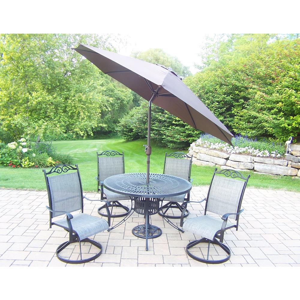Oakland Living Aluminum Patio Dining Set 7 Pc. w/ 48" Table, Swivel Rockers, Umbrella and Stand