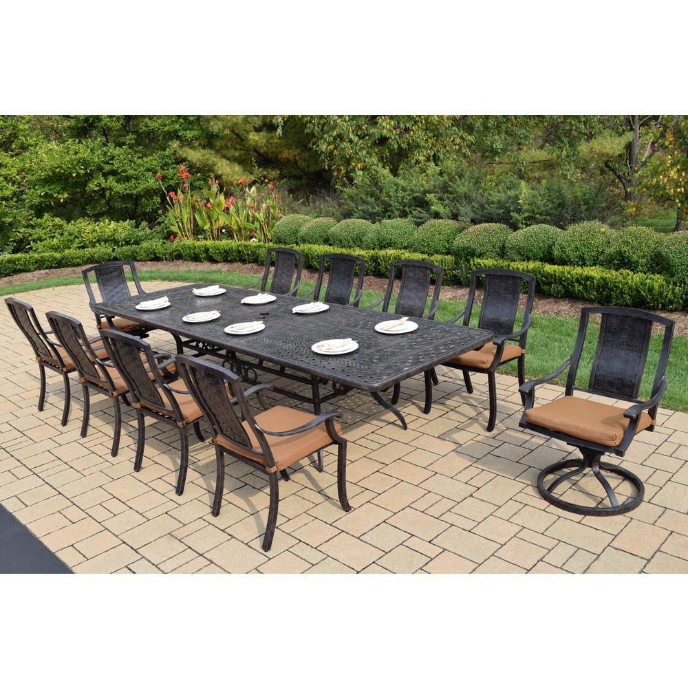 Oakland Living Aluminum Patio dining set 84-126" Extendable Table, Stackable Chairs, Swivel Rockers, Sunbrella Cushions