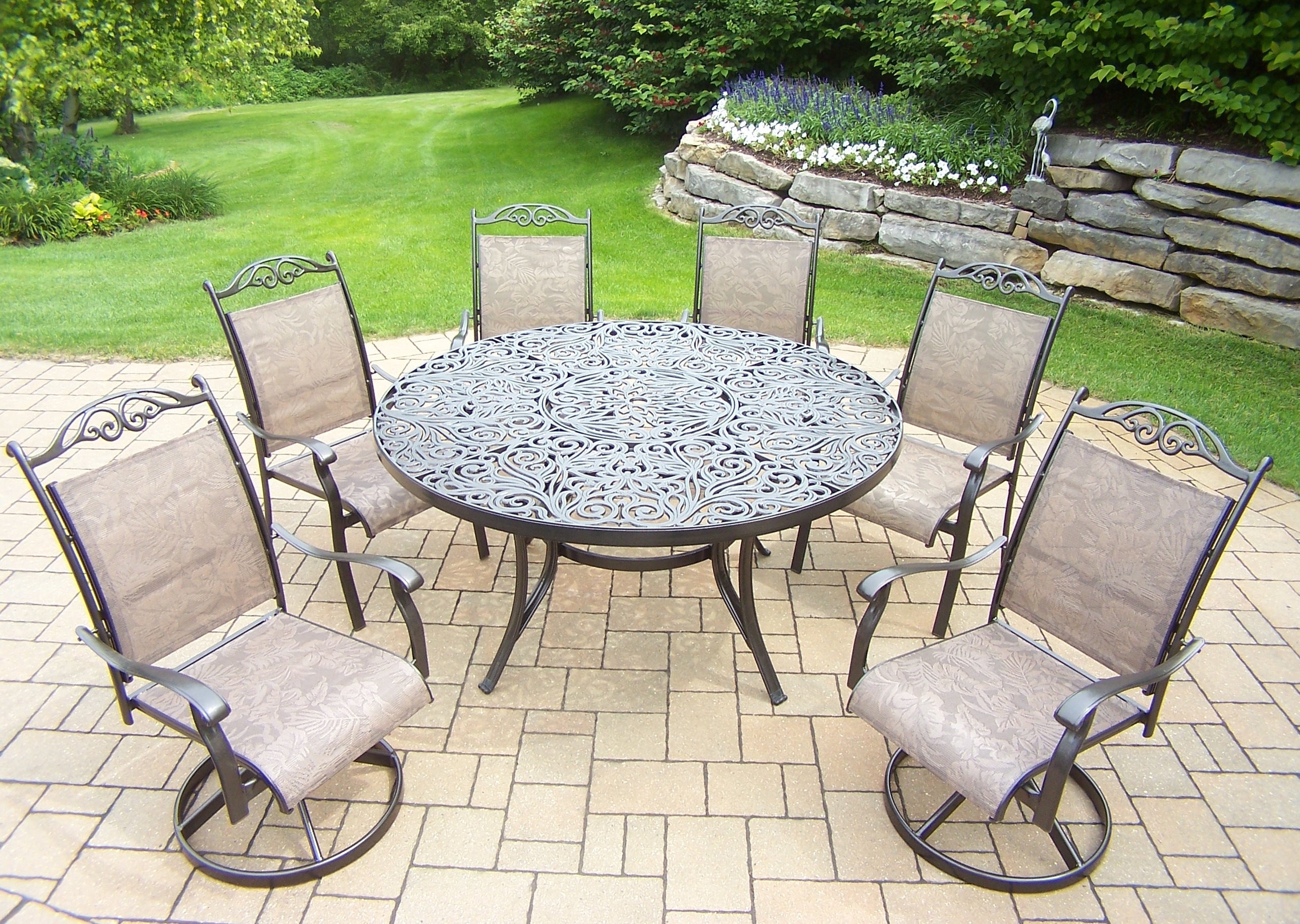 Oakland Living Aluminum Patio Dining set w/ 60" Interchangeable Table, Swivel Rockers & Stackable Chairs