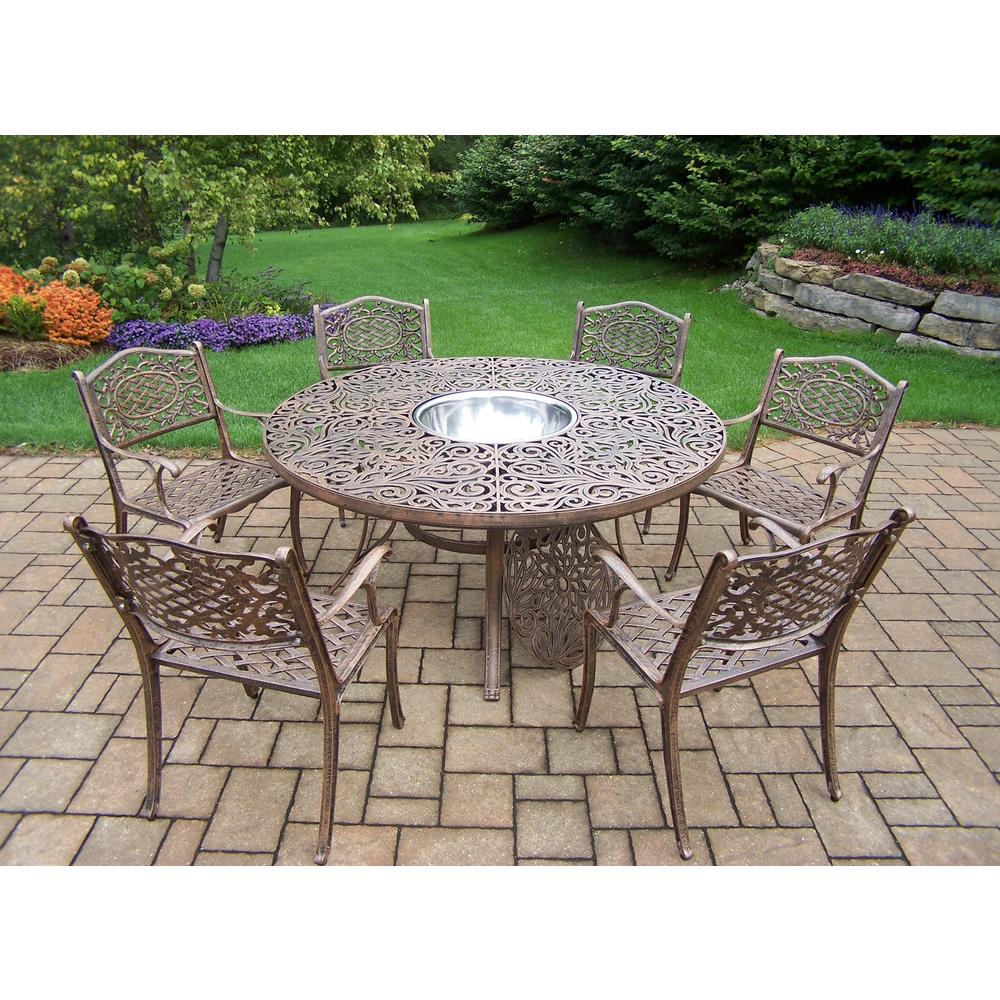 Oakland Living Aluminum Patio Dining set w/ 60" Round Interchangeable Table, Arm Chairs & Ice Bucket