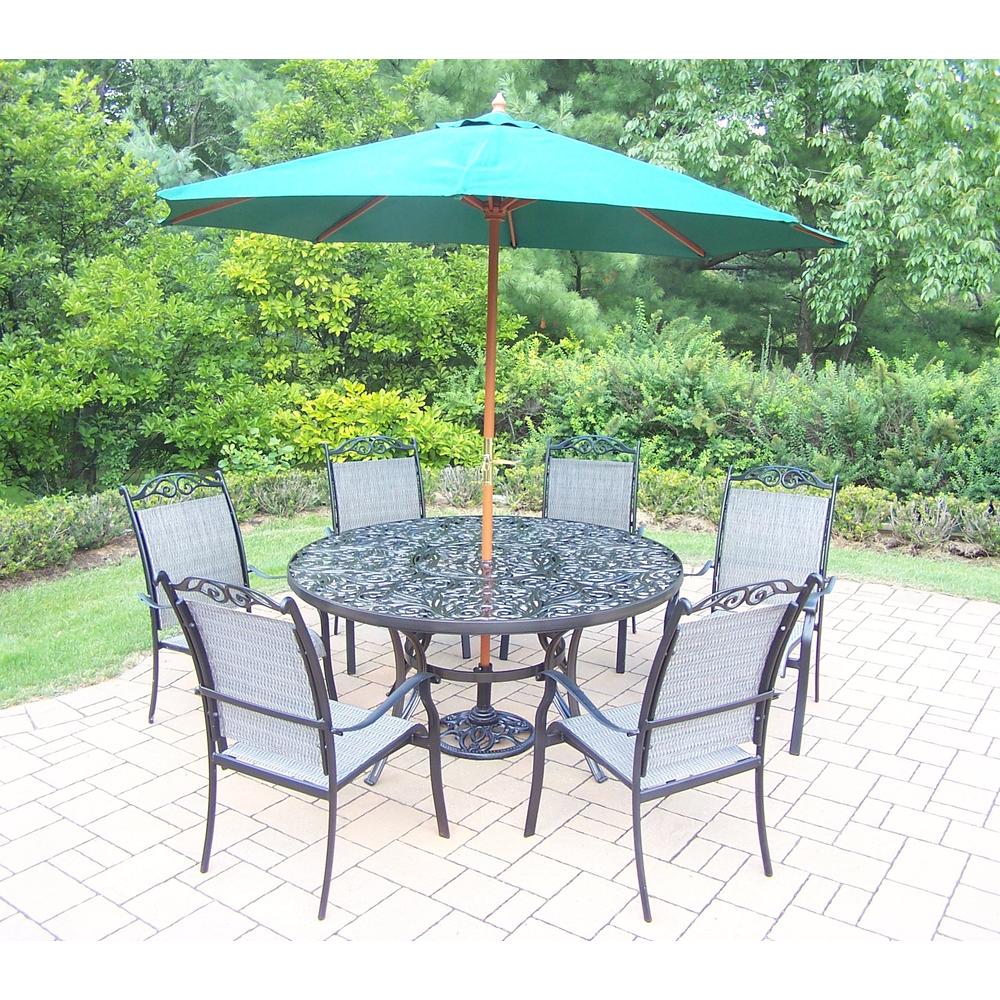 Oakland Living Cascade Aluminum Patio Dining set w/ 60" Interchangeable Table, Chairs, Wooden Umbrella & Stand
