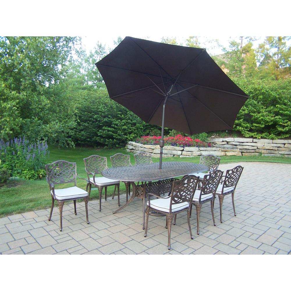 Oakland Living Cast Aluminum 11 Pc. Patio Dining set w/ 84 x 42" Oval Table, Cushioned Arm Chairs, Umbrella & Stand