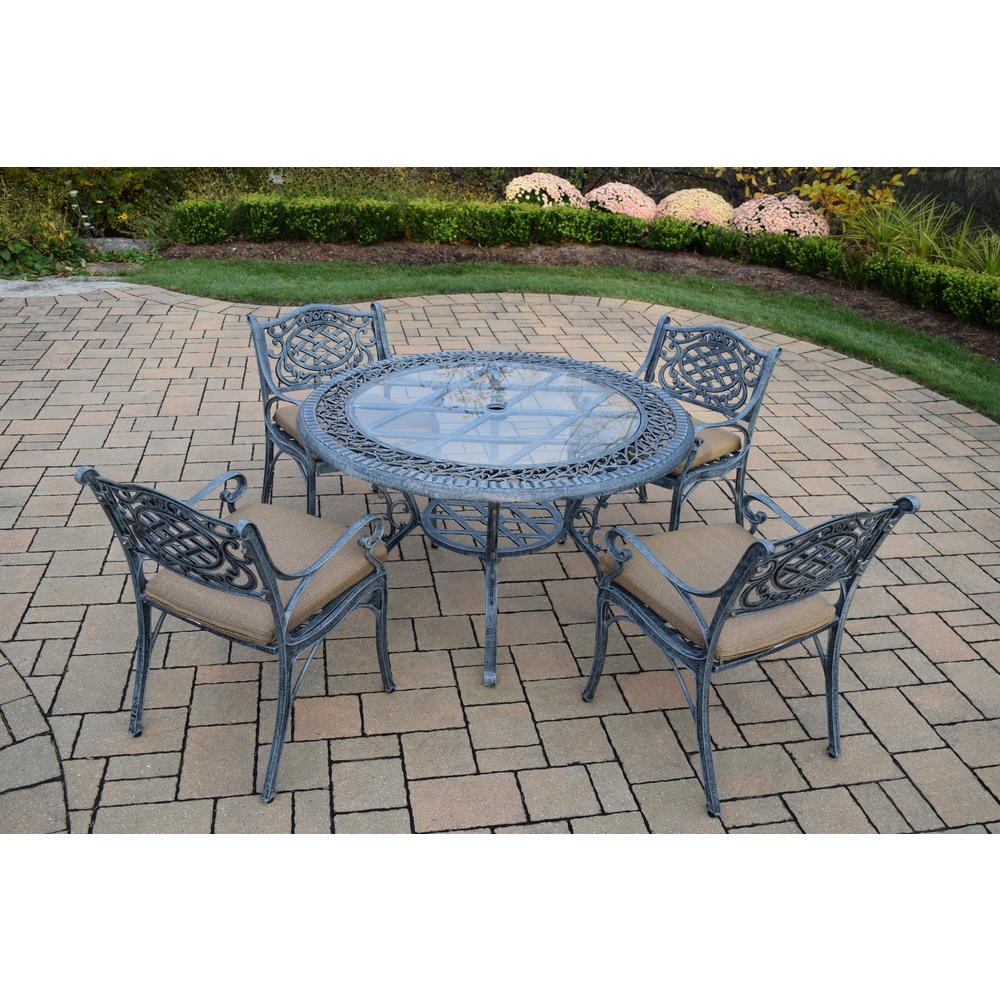Oakland Living Cast Aluminum 5 Pc. Patio Dining set w/ 48" Round Table & Cushioned Arm Chairs
