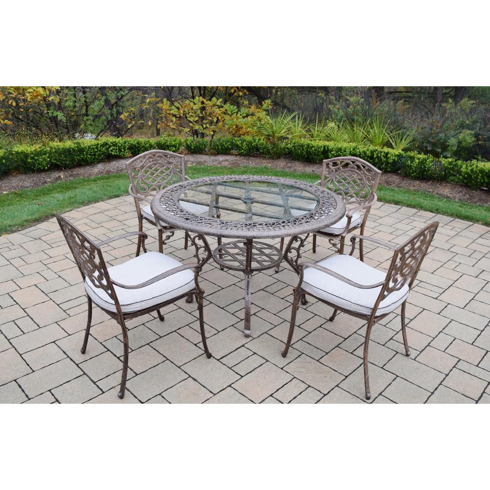 Oakland Living Cast Aluminum 5 Pc. Patio Dining set w/ 48" Round Table, Cushioned Stackable Arm Chairs