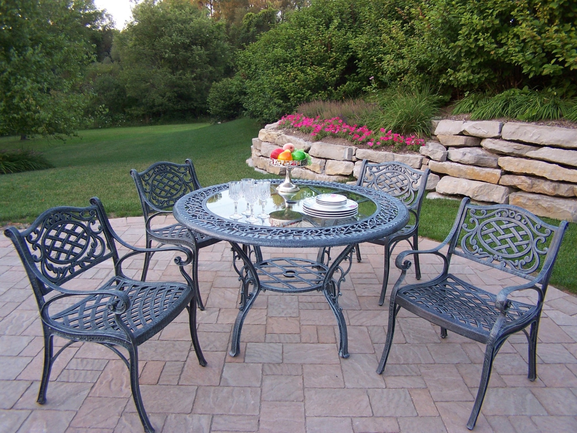 Oakland Living Cast Aluminum 5 Pc. Patio Dining set w/ 48" tempered glass top Table & Durable ...