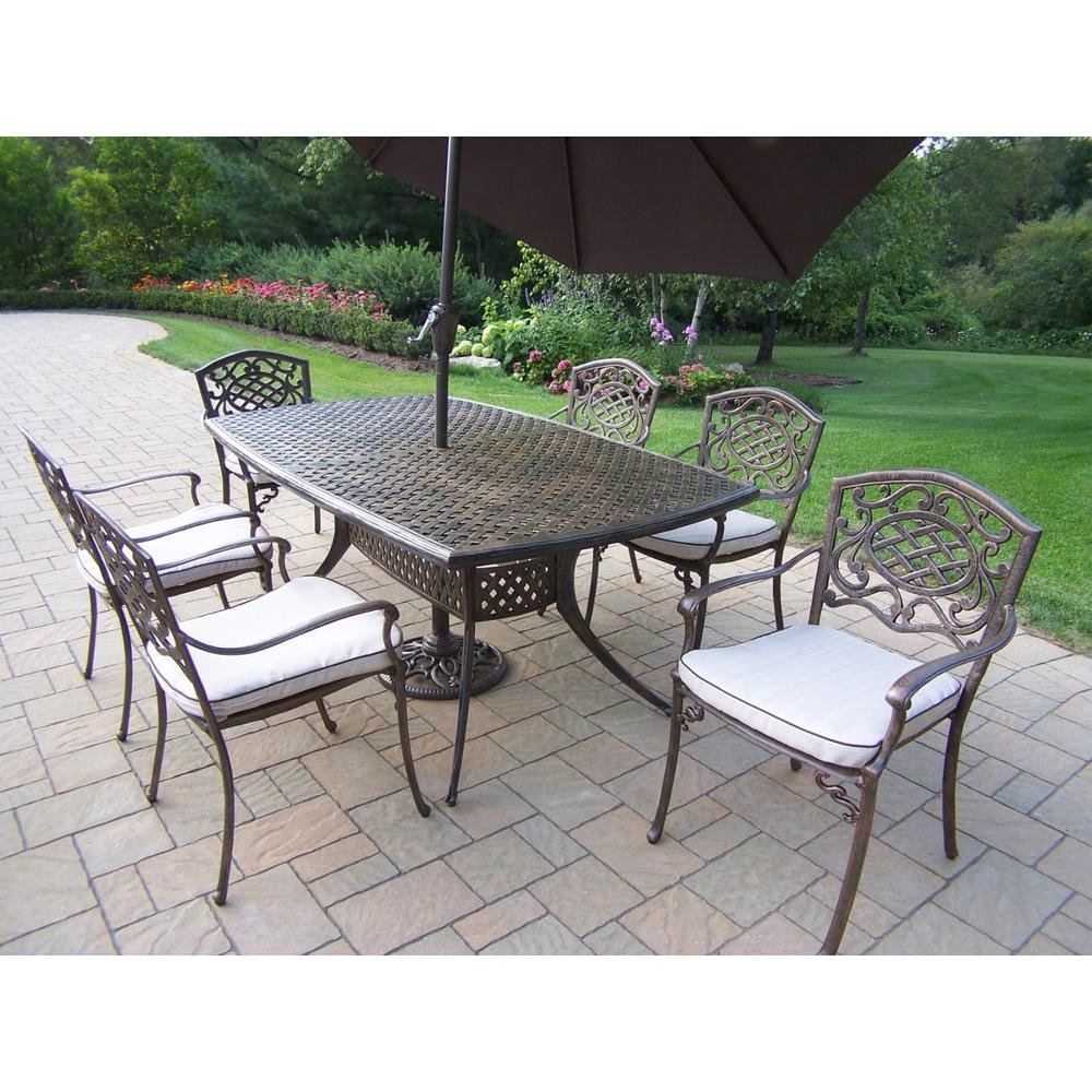 Oakland Living Cast Aluminum Patio Dining Set 70x38" Table, Cushioned Stackable Chairs, Umbrella & Stand