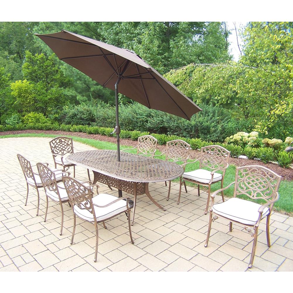 Oakland Living Cast Aluminum Patio Dining set 84x42" Table, Cushioned Stackable Arm Chairs, Umbrella & Stand