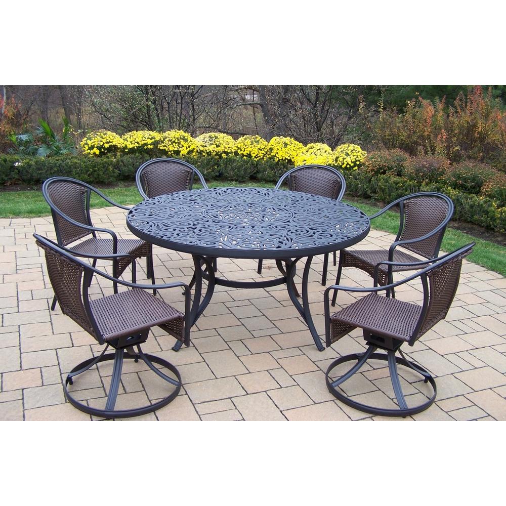 Oakland Living Patio Dining set 60" Interchangeable Aluminum Round Table, Wicker Stackable Chairs & Swivel chairs