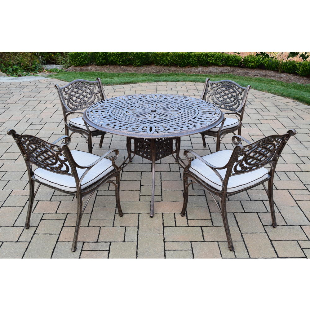Oakland Living Patio Dining Set Cast Aluminum 5 Pc. w/ 48" table, 4 Cushions and Chairs