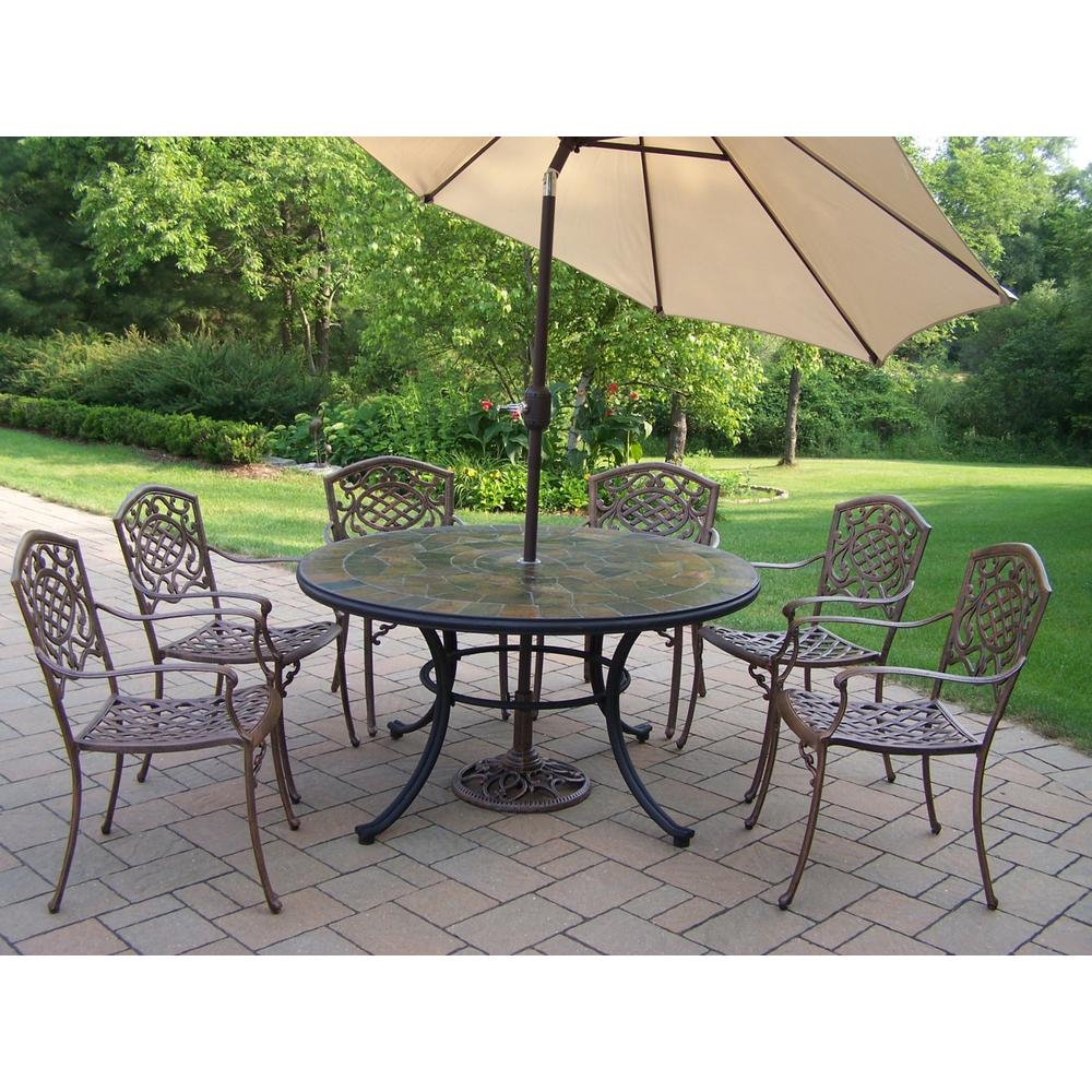 Oakland Living Patio Dining set w/ 54" Stone topped table, Cast Aluminum Stackable Chairs, Umbrella & Stand
