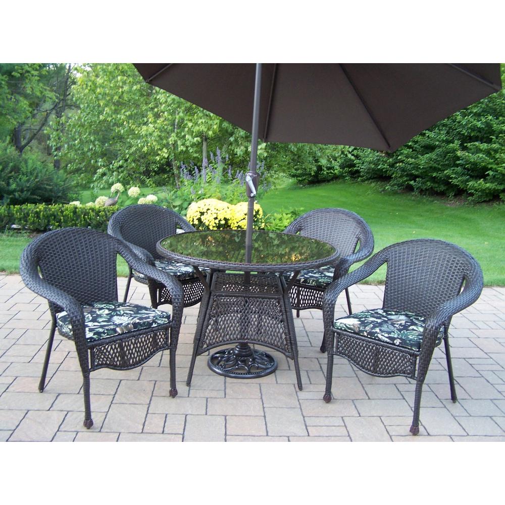 Oakland Living Wicker 7 Pc. Patio Dining Set w/ 42", Cushioned Stackable Chairs, Umbrella & Stand
