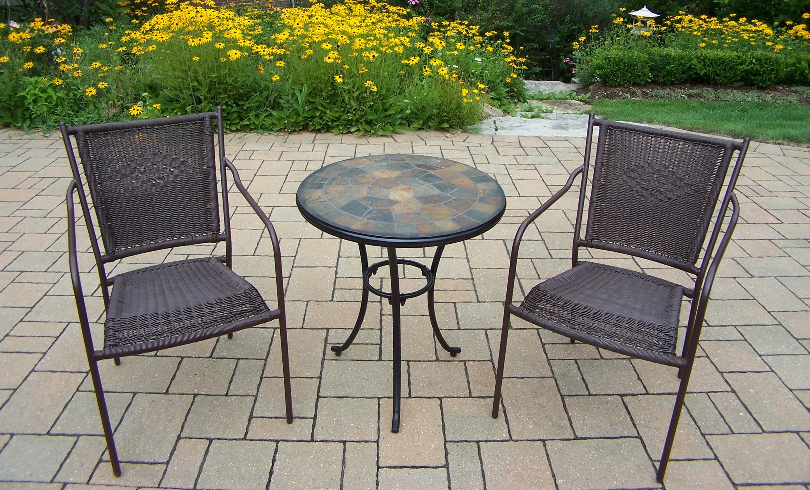 Oakland Living Stone Art Wicker 3 Pc. Bistro Set w/ 24" Table and 2 Stackable straight-back woven wicker Chairs