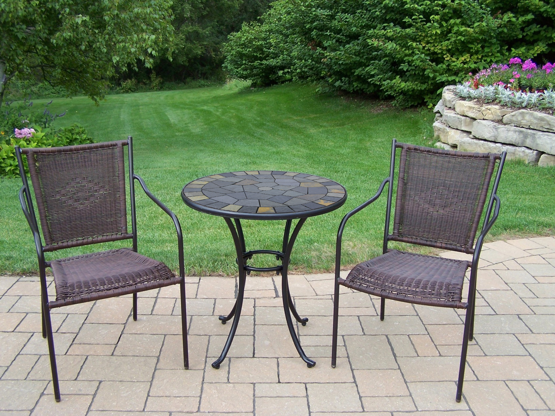 Oakland Living Stone Art Wicker 3 Pc. Bistro Set w/ 26" Table and 2 Stackable straight back wicker Chairs