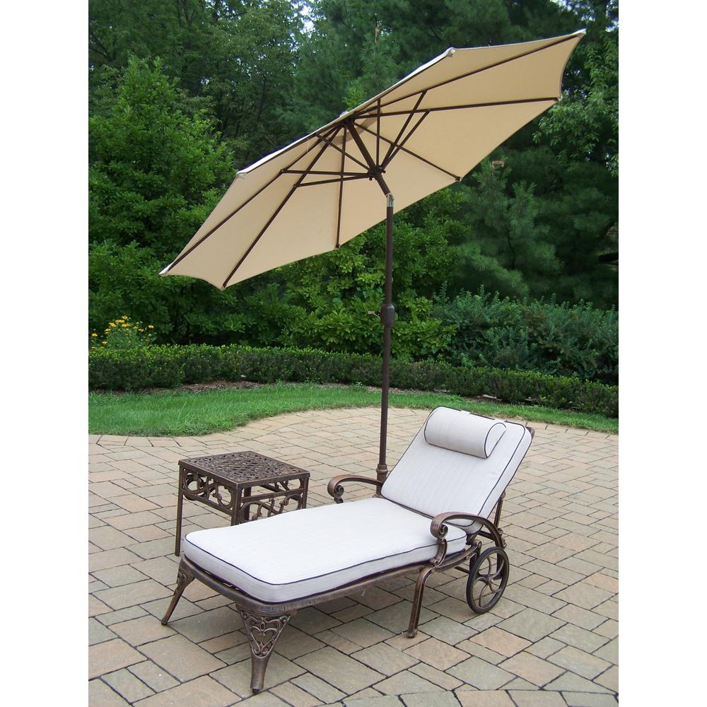 Oakland Living Cast Aluminum Lounge set includes; Cushioned Chaise Lounge w/ wheels, Side table, metal frame Umbrella, and Stand
