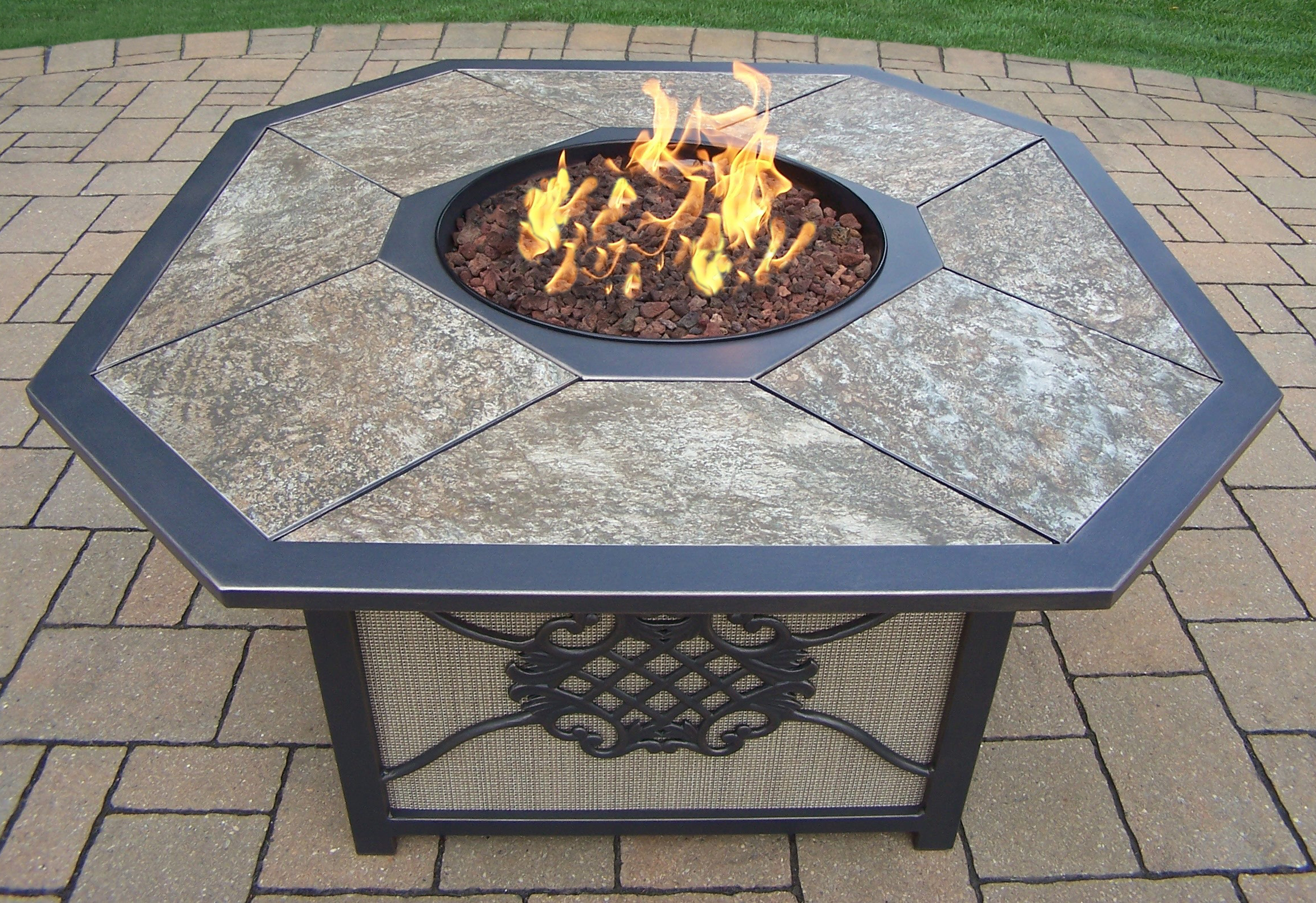 Oakland Living 43 x 24-inch Traditional Octagon Gas Firepit Table with Porcelain inlaid top, Aluminum Frame, Burner system, and Red Lava Rock