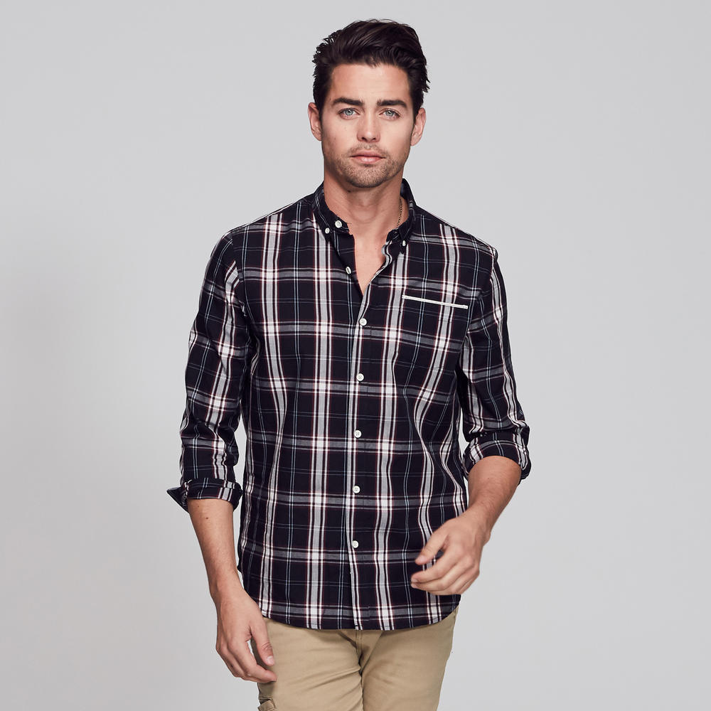 Adam Levine Men's Multi-Color Plaid Woven Shirt - Oxblood/Black