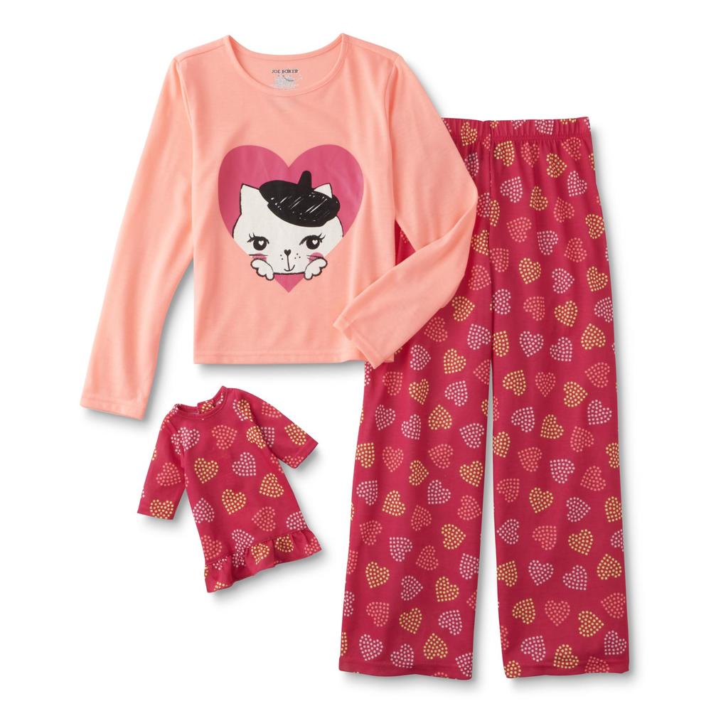 Joe Boxer Girl's Pajama Shirt, Pants & Doll Nightgown - Hearts