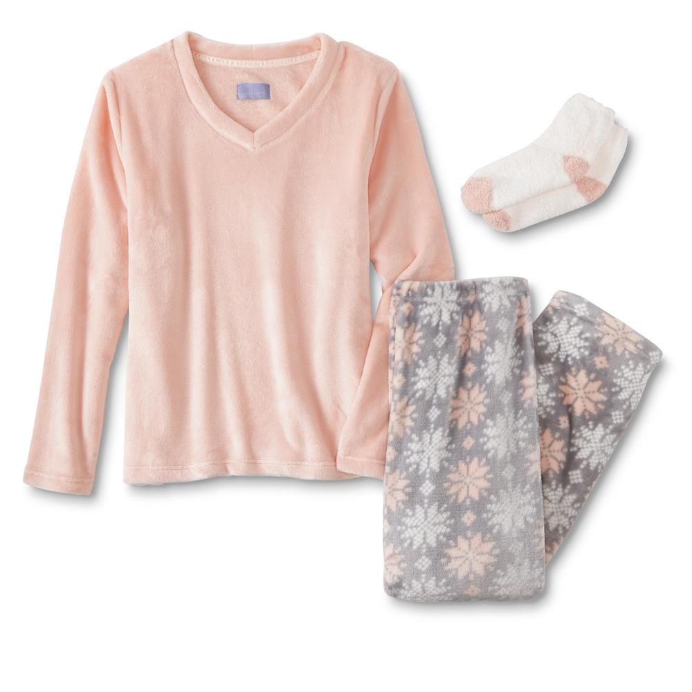 Laura Scott Women's Fleece Pajama Top, Pants & Socks - Snowflakes