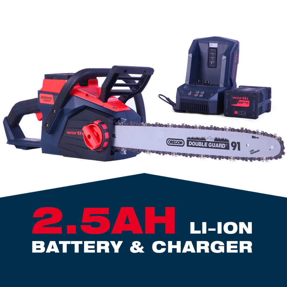 Worth Garden L302A Red and Black 18 in. 84 Volt Lithium Ion Battery Brush-less Motor Cordless Chainsaw Set