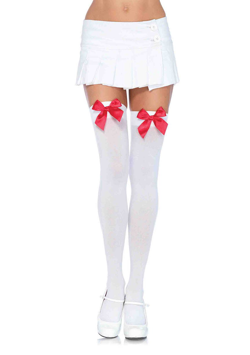 Leg Avenue  Women's Opaque Thigh High Hosiery with Satin Bow, White/Red, One Size