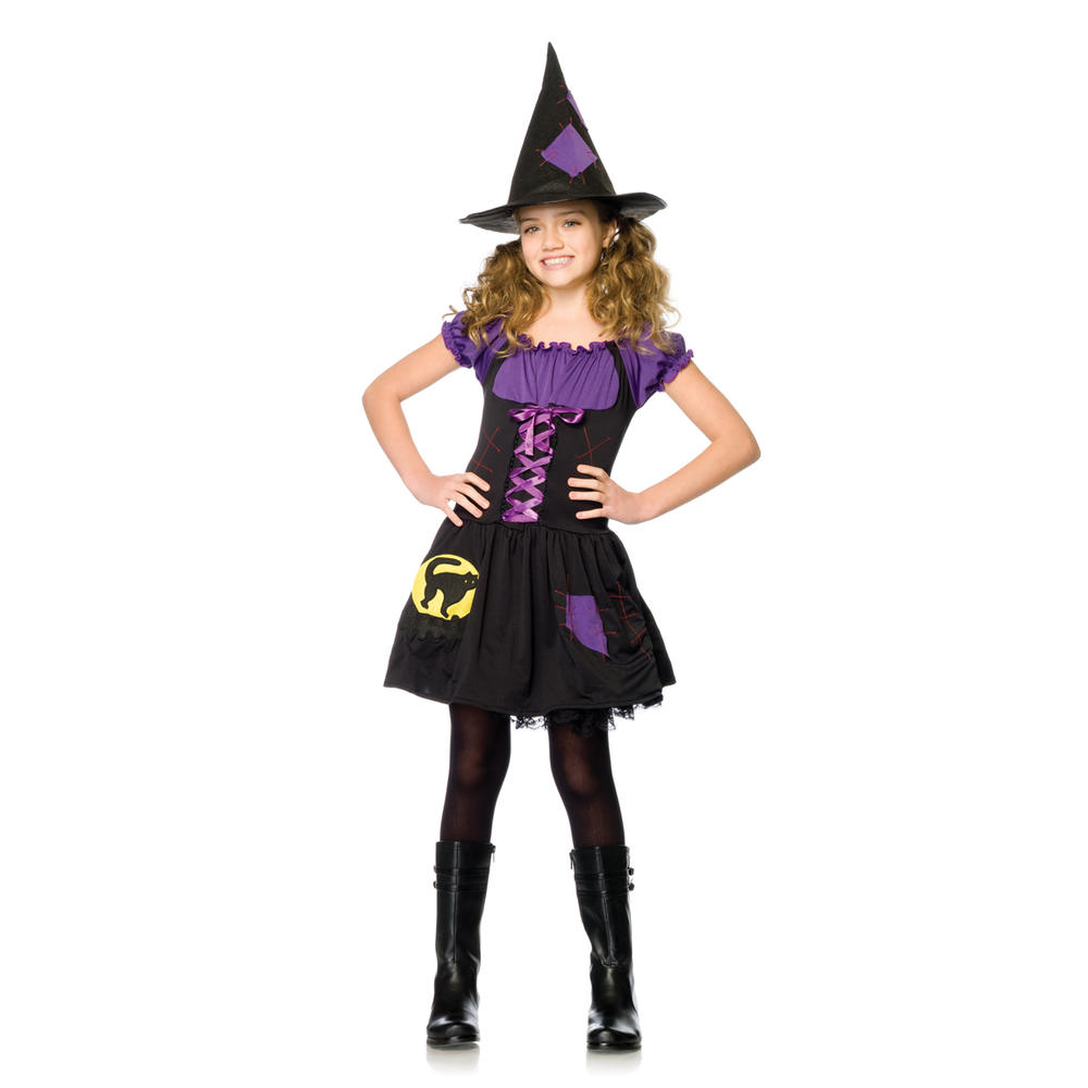Leg Avenue  Children's Costume 2Pc. Black Cat Witch  Includes Patchwork Peasant Dress And Hat, Large, Black/Purple