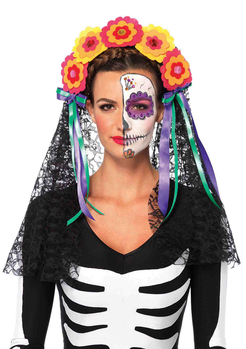 Leg Avenue  Day of the Dead flower Headband with Lace Veil