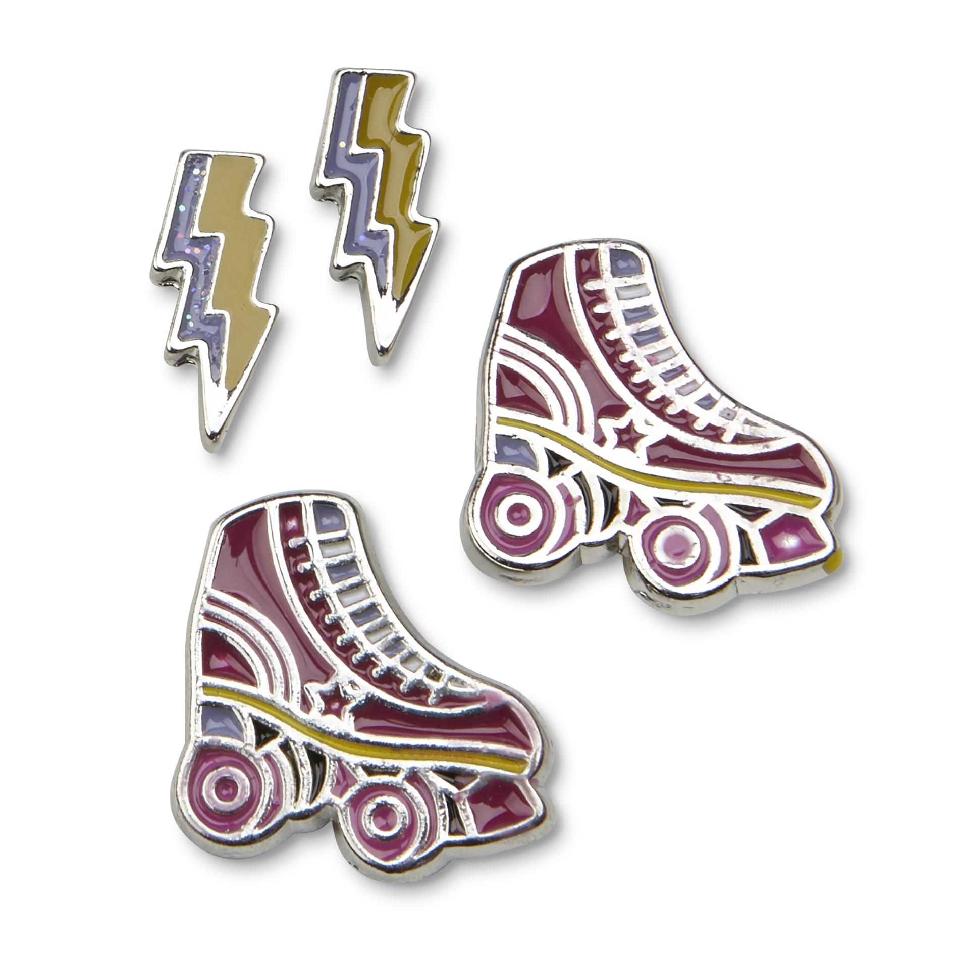 Girls' 2-Pairs Silvertone Stud Earrings - Roller Skate & Lightning Bolt