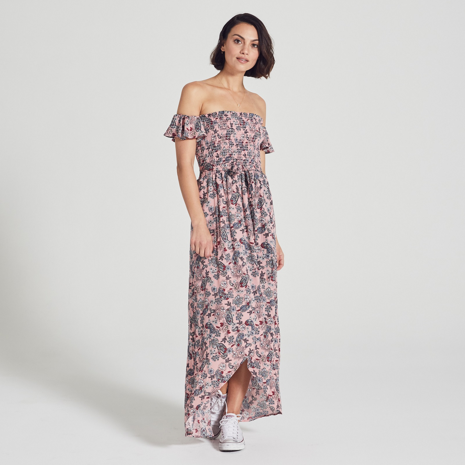 smocked off the shoulder maxi dress