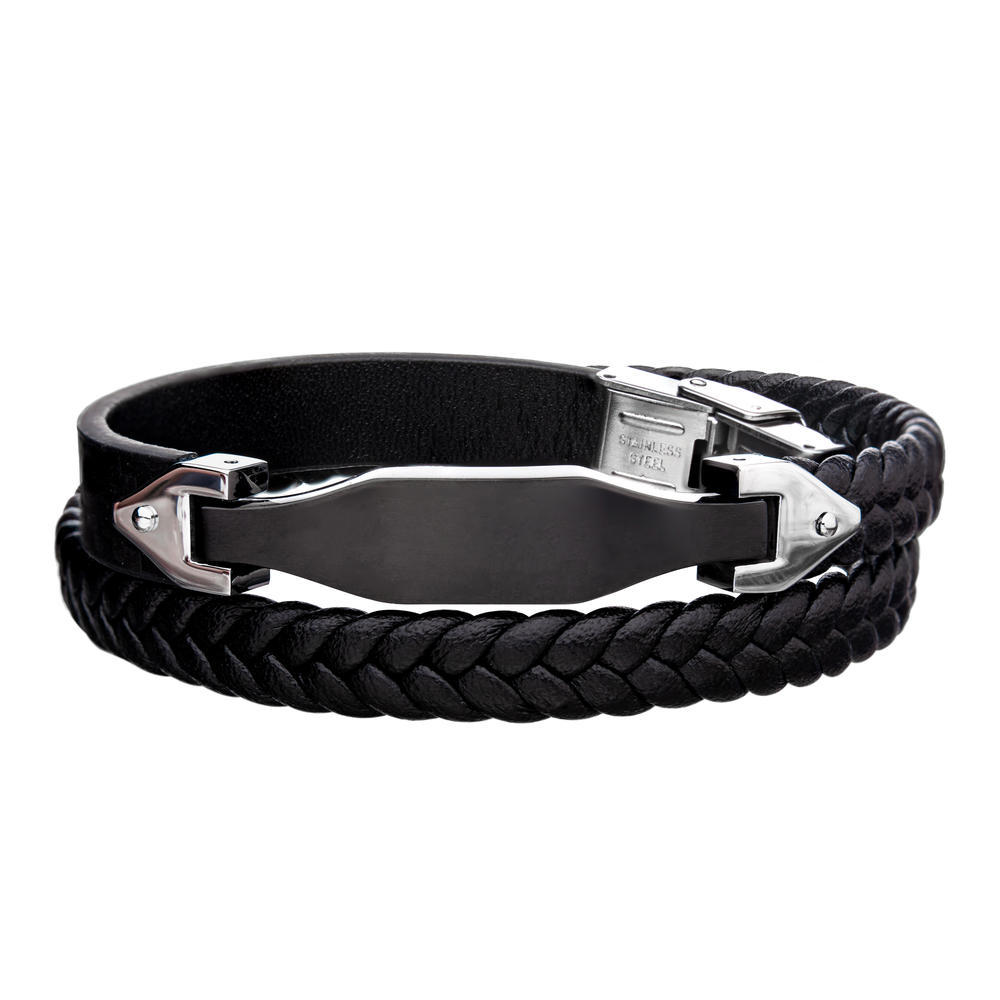 Men's Steel Black Ion Plated Multi Leather Braided Bracelets. 16 inch long.
