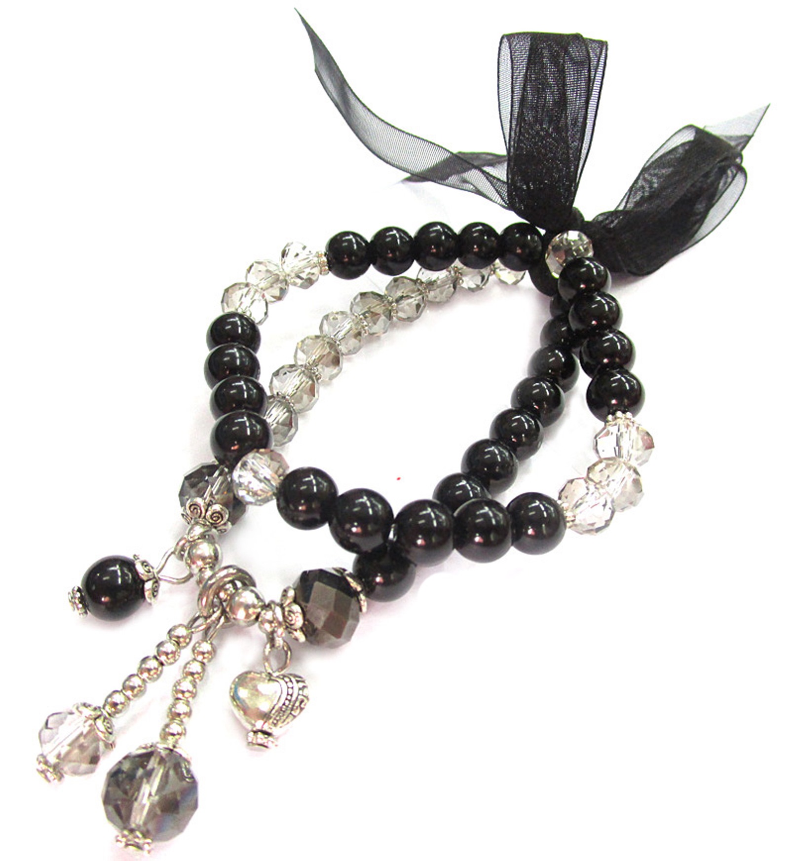 2 Piece Set Stretch Bracelets with Charms in 8mm Simulated Black Onyx and Simulated Crystals with Ribbon Bow