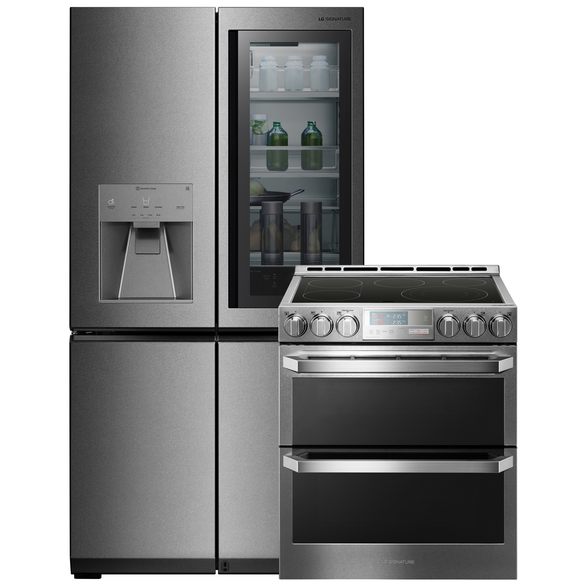 Lg Signature Lg Signature Smart Wi Fi Enabled Refrigerator W Instaview 8482 Electric Side In Double Oven Range 8211 Textured Steel 8482 Appliances Appliances Bundles Kitchen Suites
