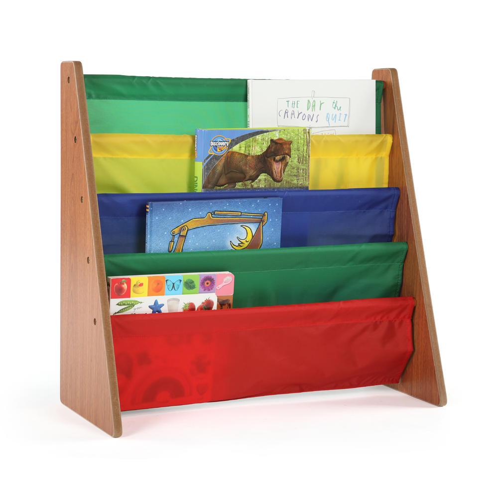 Tot Tutors Highlight Collection Kids Book Rack Storage 4 Pocket Bookshelf, Dark Pine & Primary