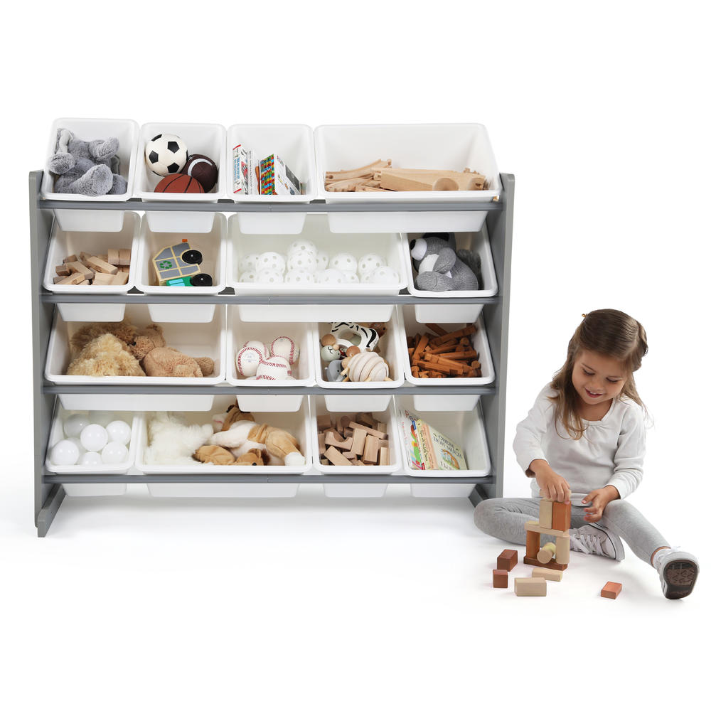 Tot Tutors  Super-Sized Kids Toy Storage Organizer w/ 16 Plastic Bins, Grey/White - Springfield Collection
