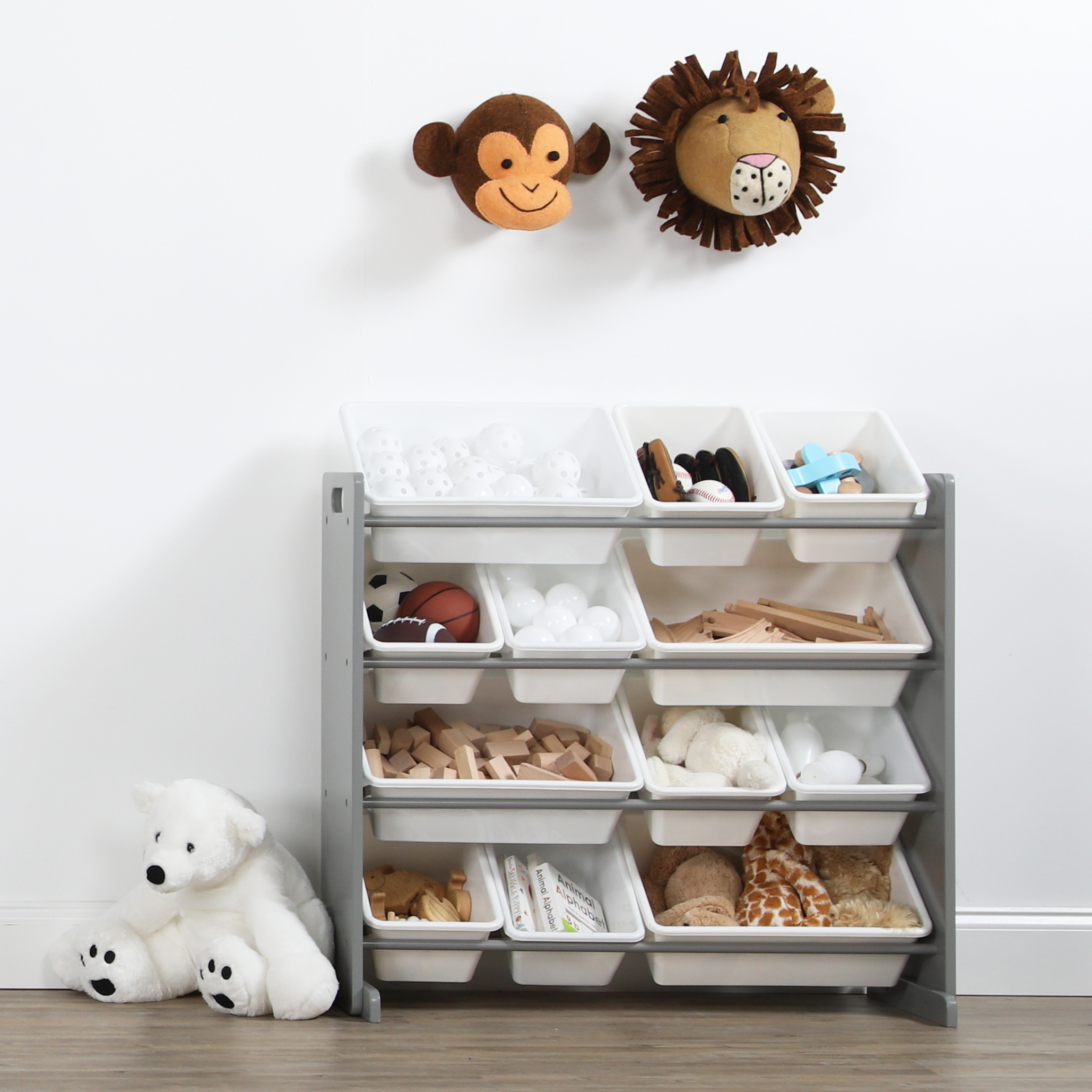 Humble Crew, Natural Wood/White Kids Toy Organizer with 12 Storage Bins