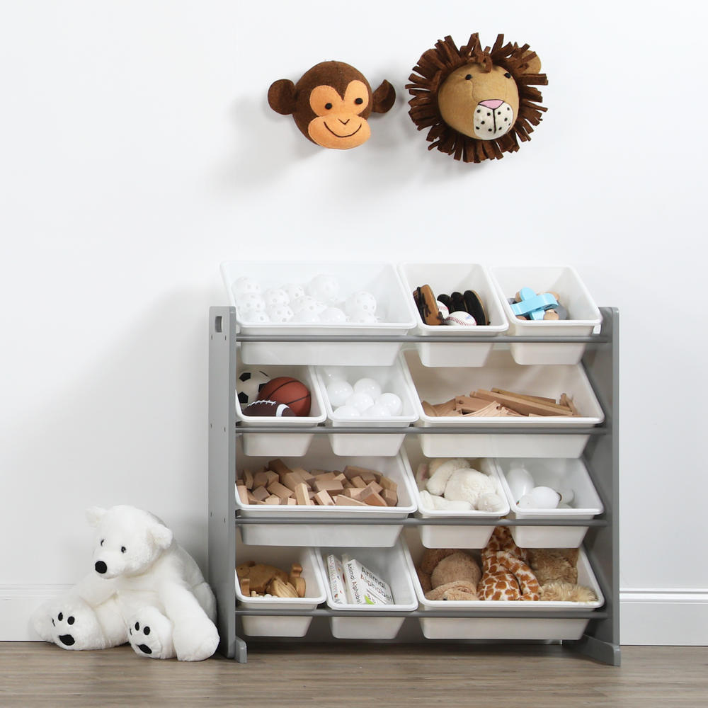 Tot Tutors  Kids Toy Storage Organizer with 12 Plastic Bins, Grey & White - Inspire Collection