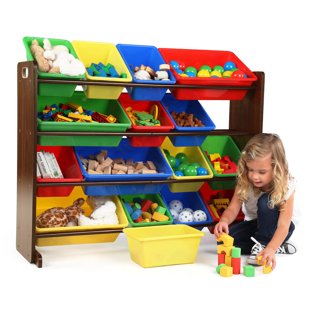 Tot Tutors  Super-Sized Kids Toy Storage Organizer w/ 16 Plastic Bins, Dark Walnut/Primary - Discover Collection