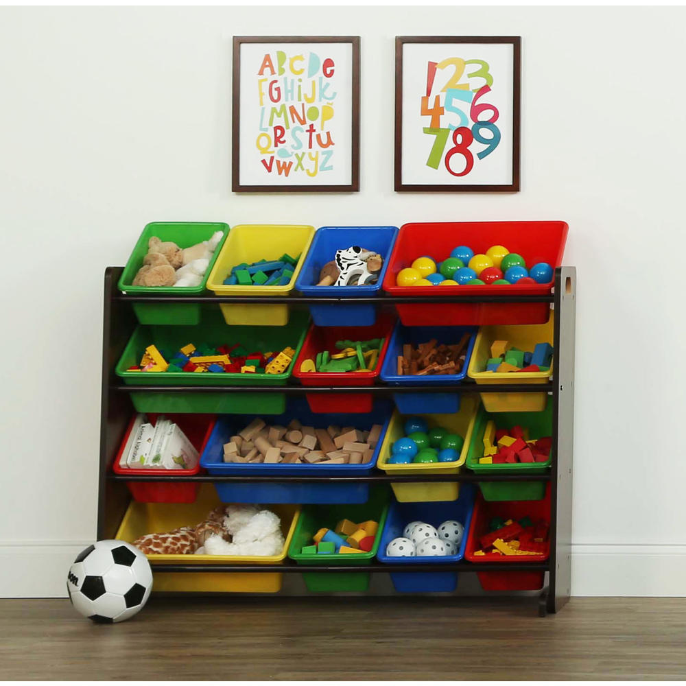Tot Tutors  Super-Sized Kids Toy Storage Organizer w/ 16 Plastic Bins, Dark Walnut/Primary - Discover Collection